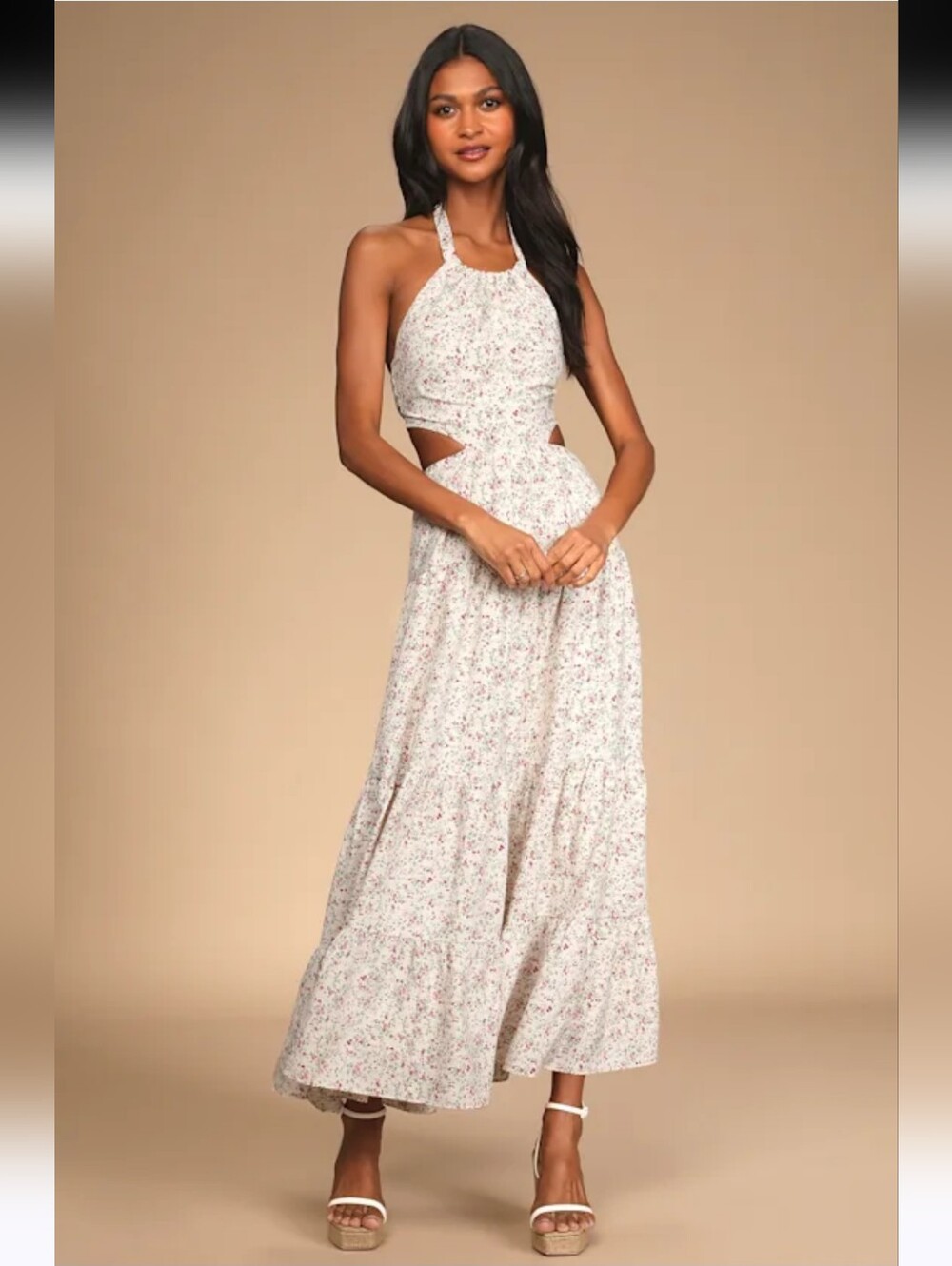 Lulus Floral Cutout Halter Maxi Dress in Ivory - S